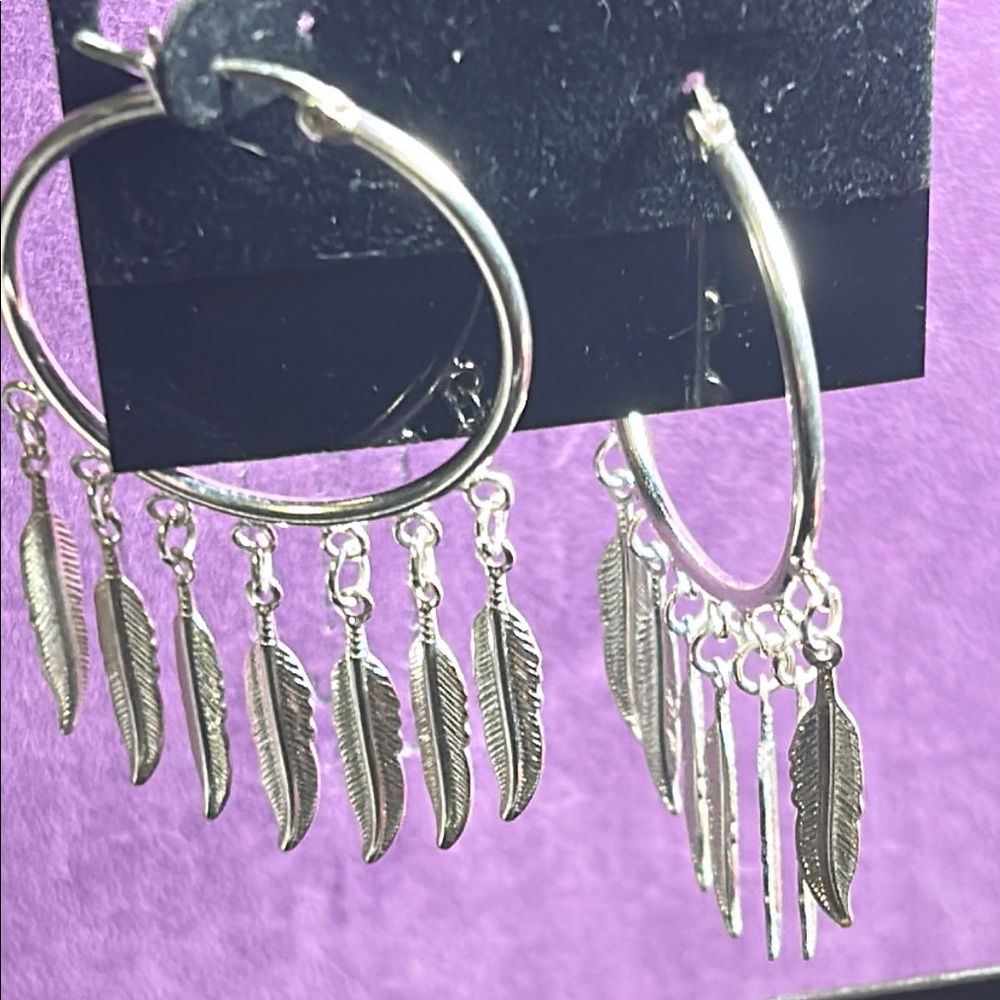 Silver Feather Hoop Earrings - Picture 2 of 5